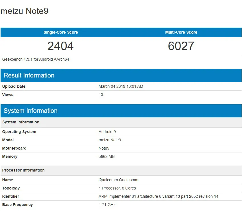 Meizu Note9 geekbench