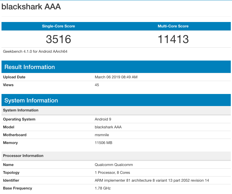 black shark 2 geekbench