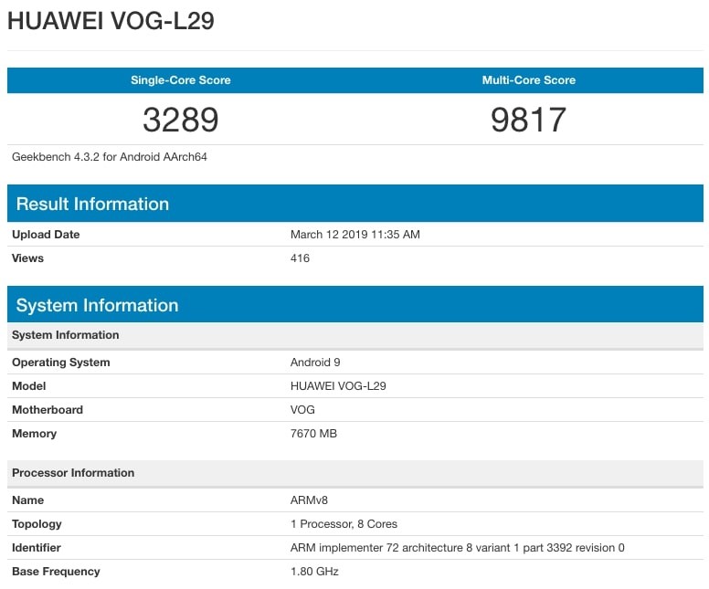 huawei p30 pro geekbench