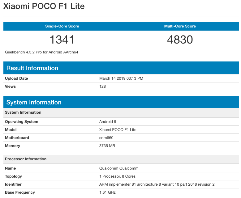 Poco F1 Lite Geekbench