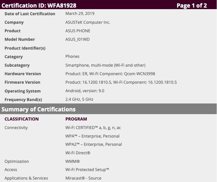 zenfone 6 wi fi certificate