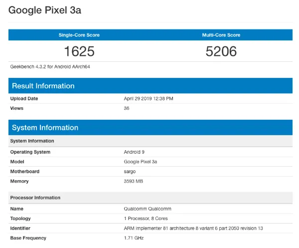 Google Pixel 3a geekbench