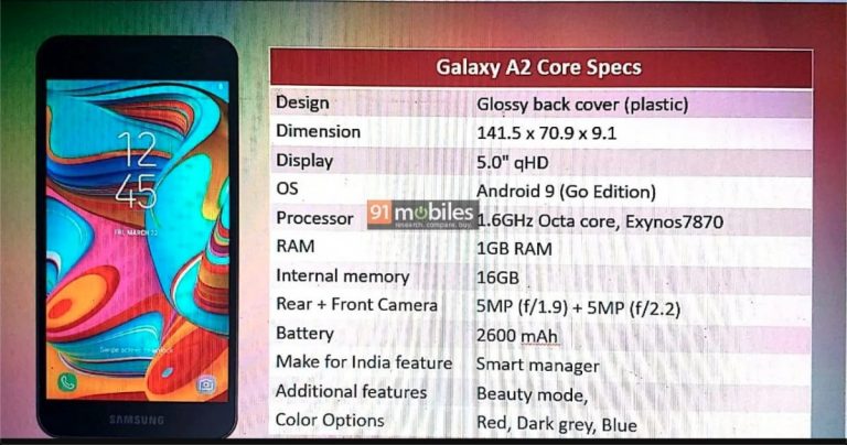 samsung a2 core features