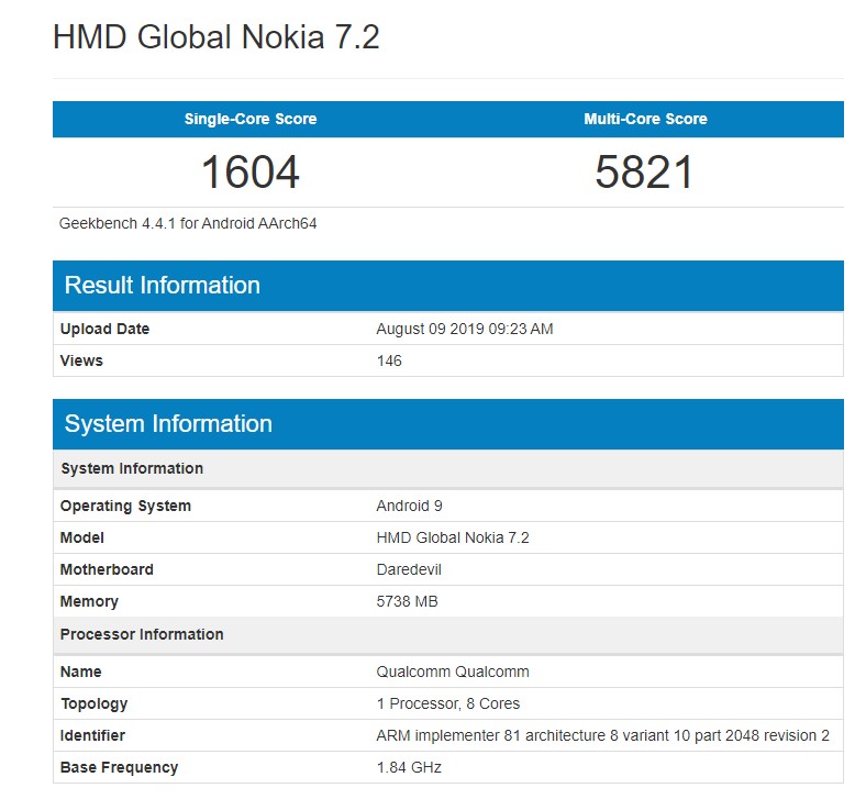 Nokia 7.2 Geekbench