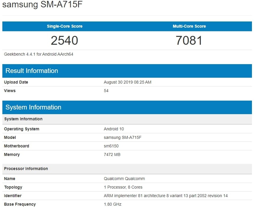Samsung Galaxy A71 Geekbench