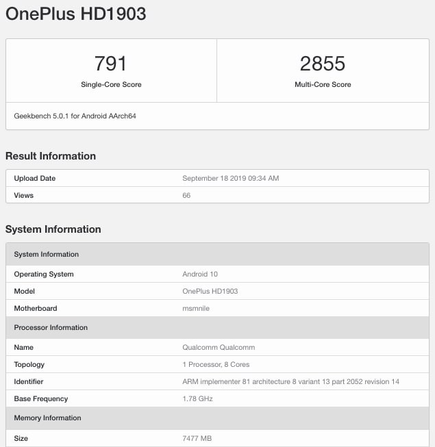 OnePlus 7T GeekBench