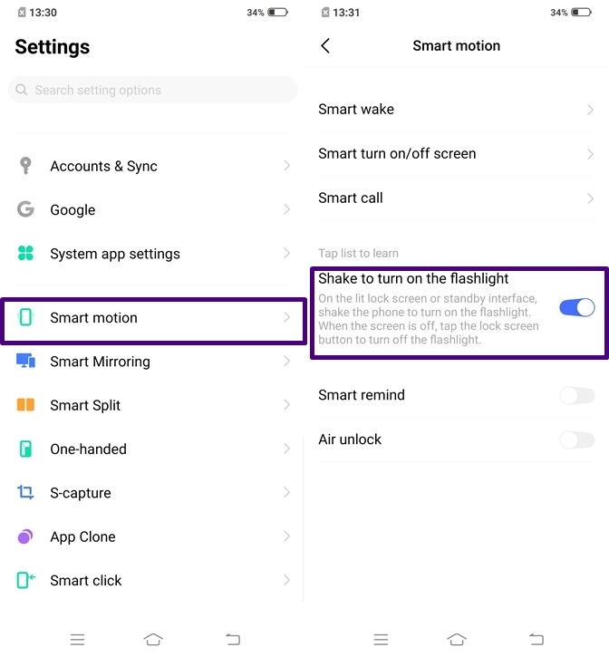 Shake to turn on Flashlight Vivo