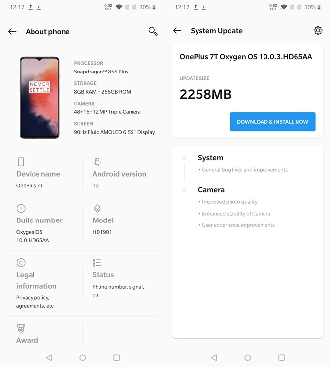 OnePlus 7T About and System Update