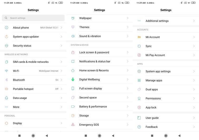 Redmi 8A Settings