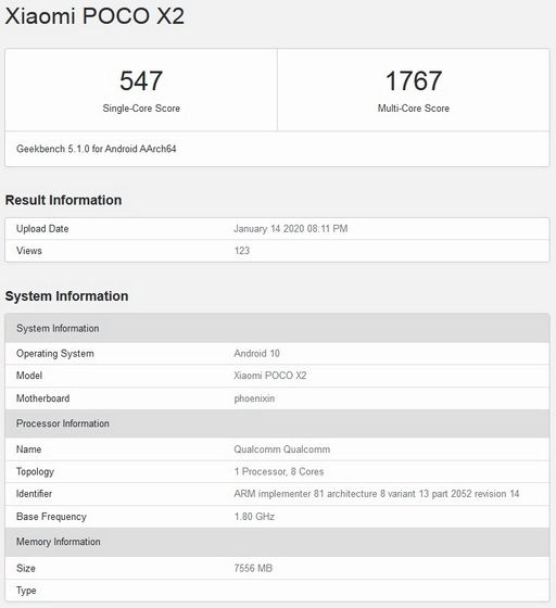 Xiaomi Poco X2 / F2 Geekbench