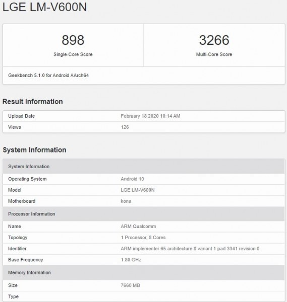 LG V60 ThinQ 5G Geekbench