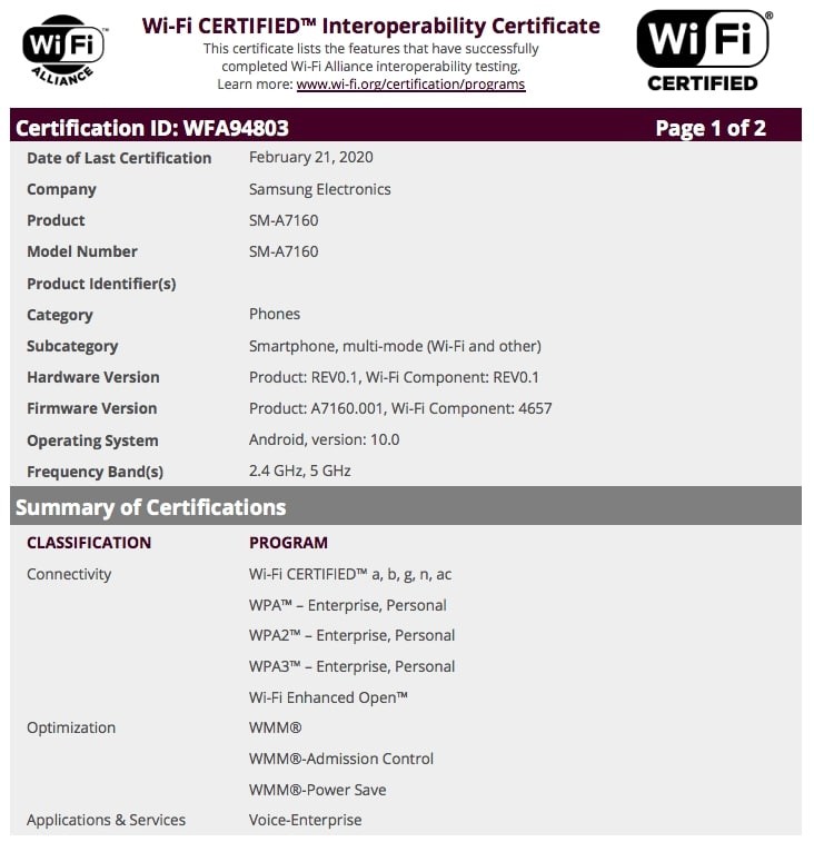 Samsung Galaxy A71 5G Wi-Fi Certification