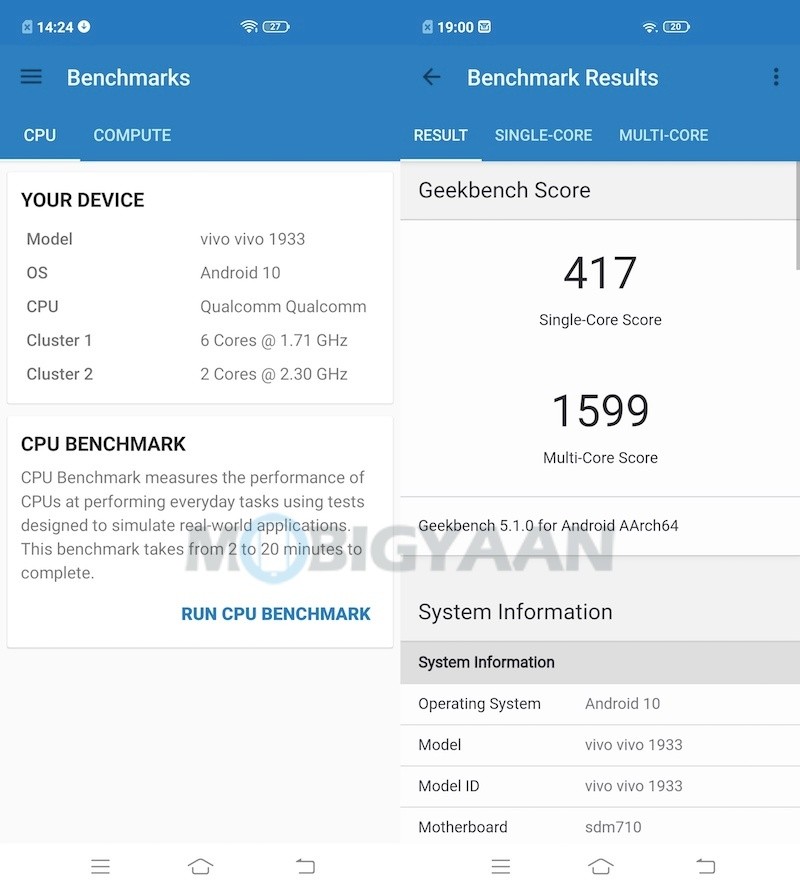 Benchmarks Performance Geekbench 5 CPU vivo V19