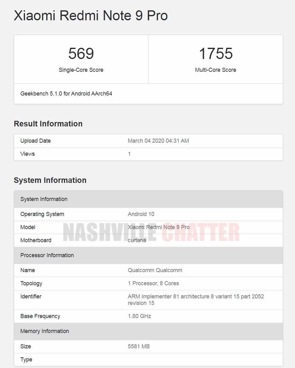 Redmi Note 9 Pro Geekbench