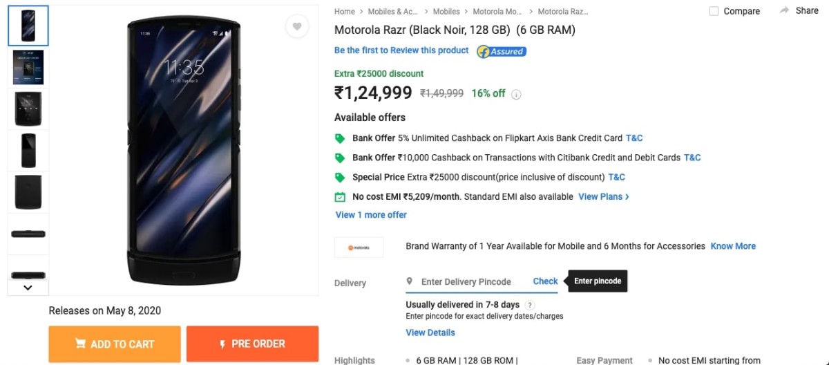 Motorola Razr Flipkart Listing