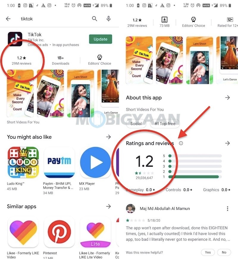Why TikTok received a massive down rating on Google Play Store YouTube vs TikTok 5 1