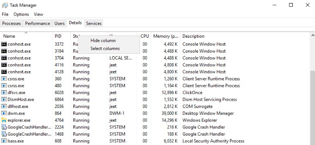 task manager columns
