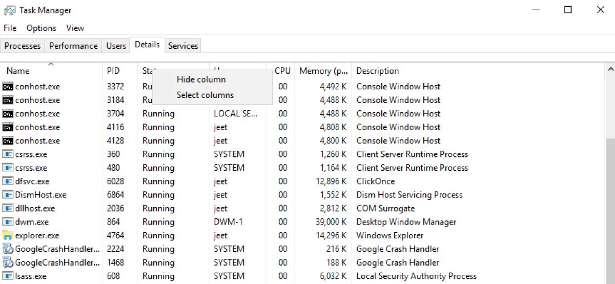 task manager columns