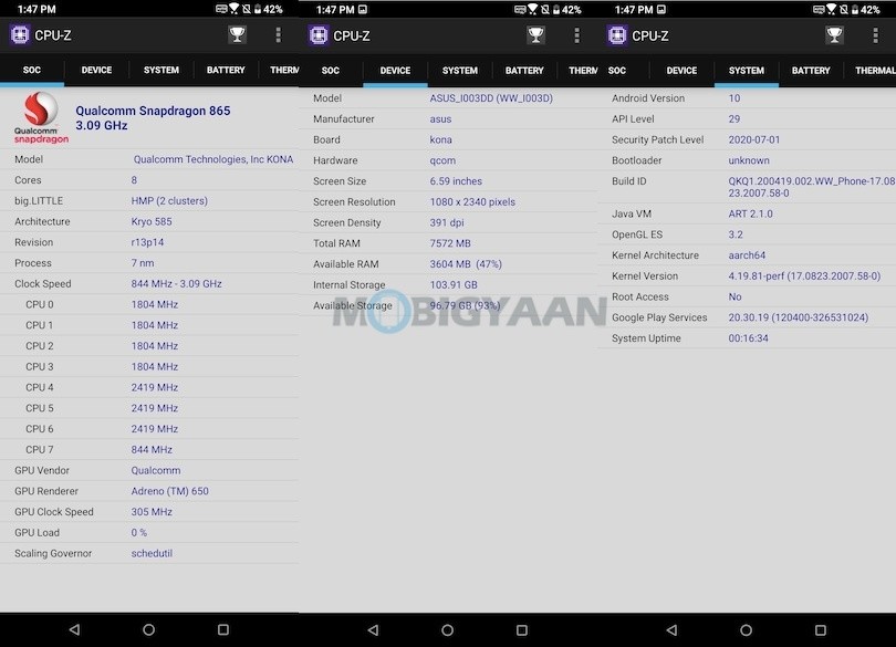 ASUS ROG Phone 3 Performance Benchmark CPU Z