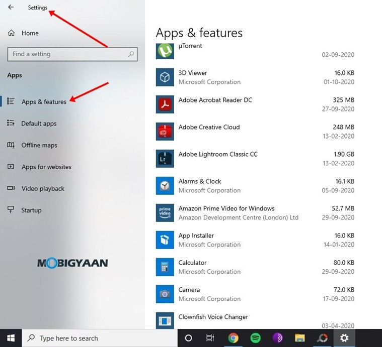 Apps and Features Windows