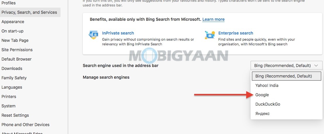 How to change default search engine in Microsoft Edge Windows Mac 1