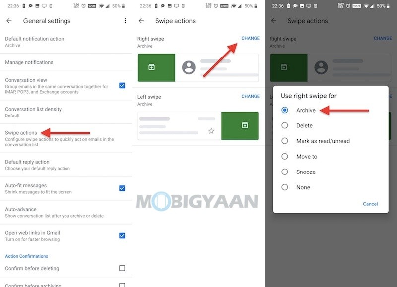 How to change swipe actions in Gmail app Android