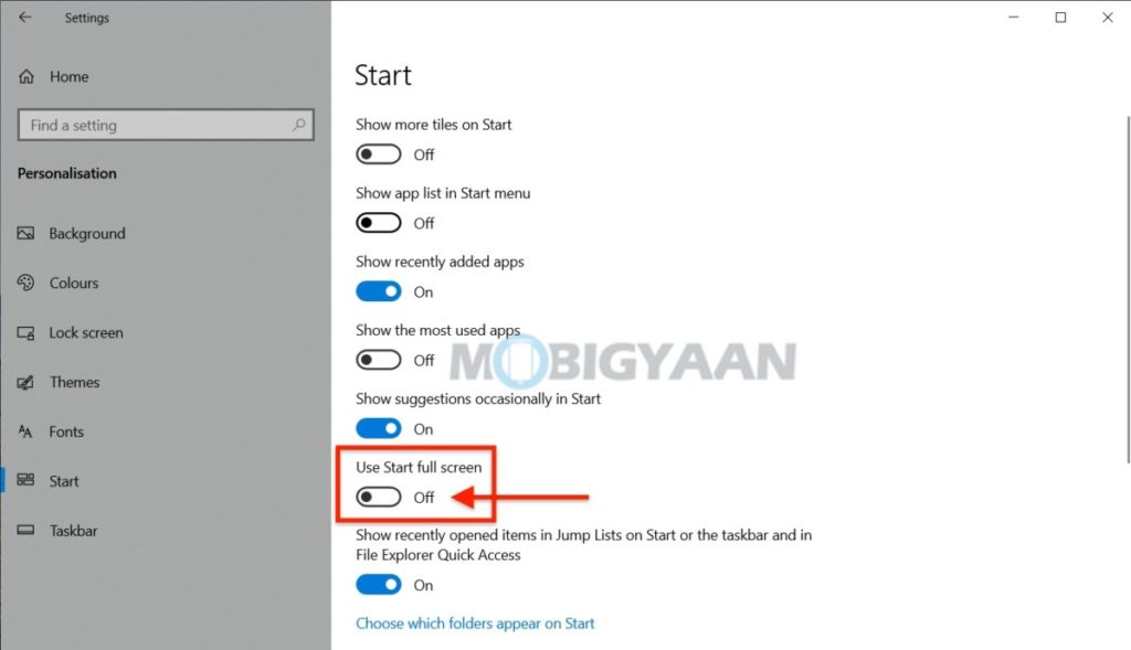 How to turn on/off full screen start menu on Windows 10