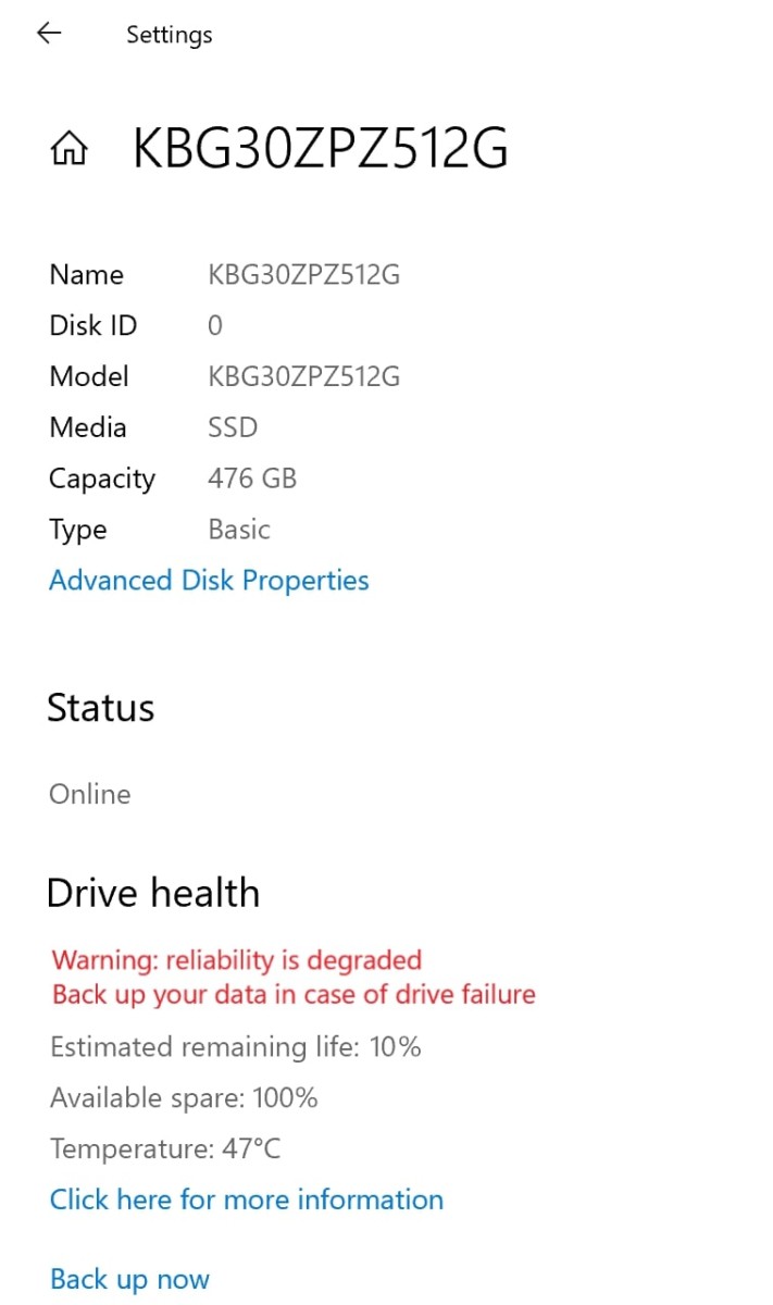 Windows 10 SSD Failure Warning