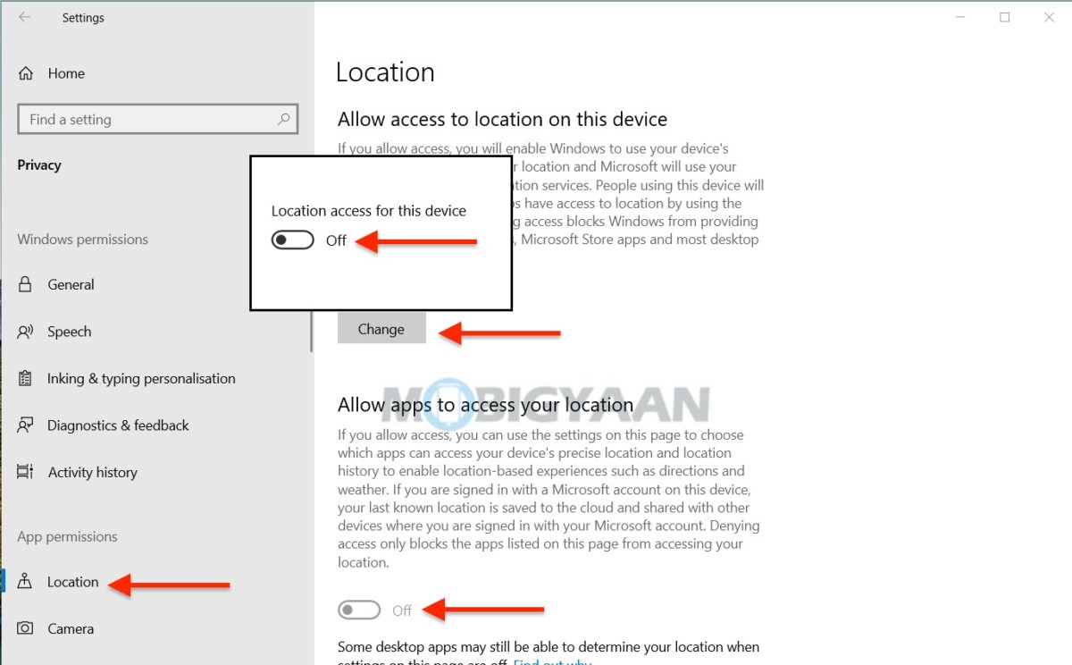 How to turn off location access on Windows 10 2