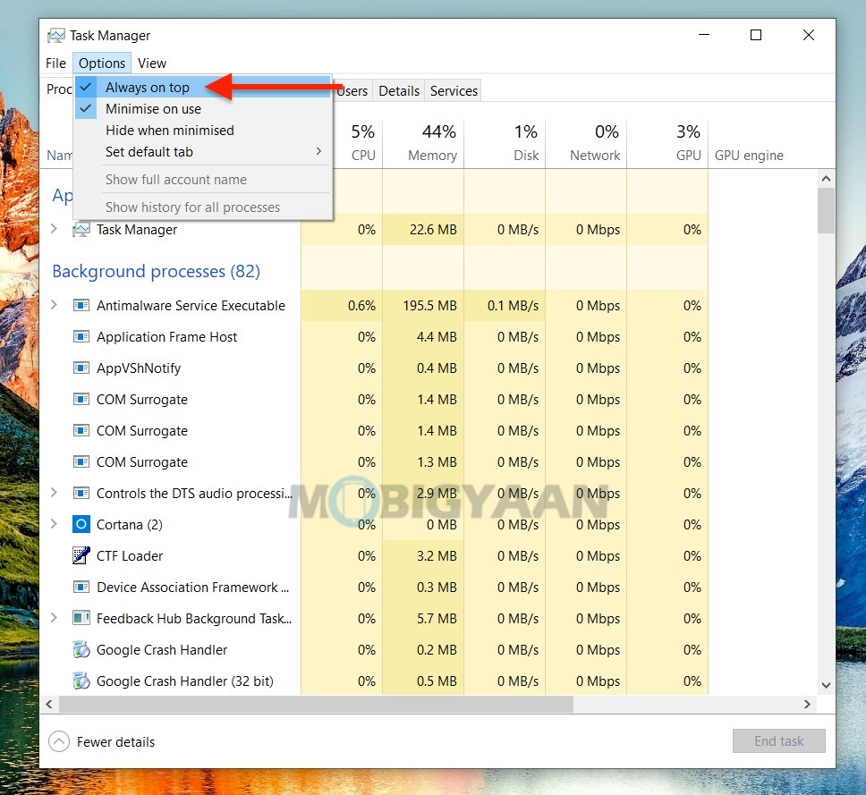 How to keep Task Manager always on top in Windows 10