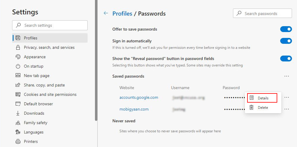 MS Edge Manage Passwords 3