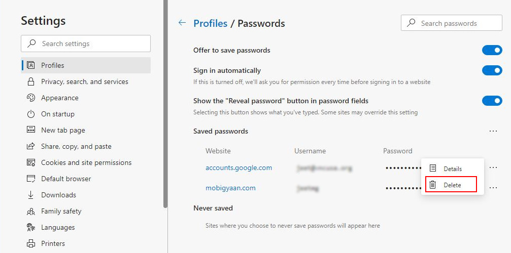 MS Edge Manage Passwords 5