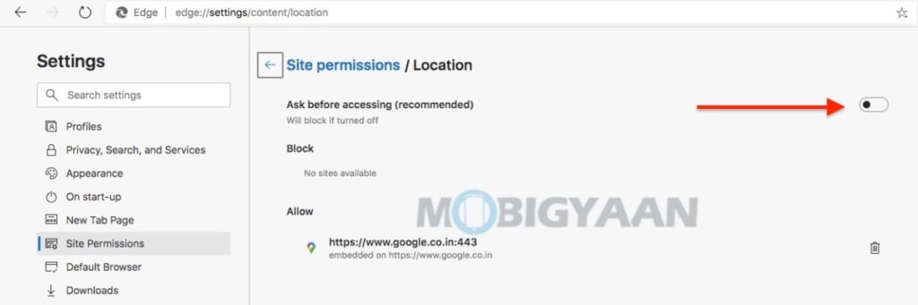 How to disable location permission in microsoft edge