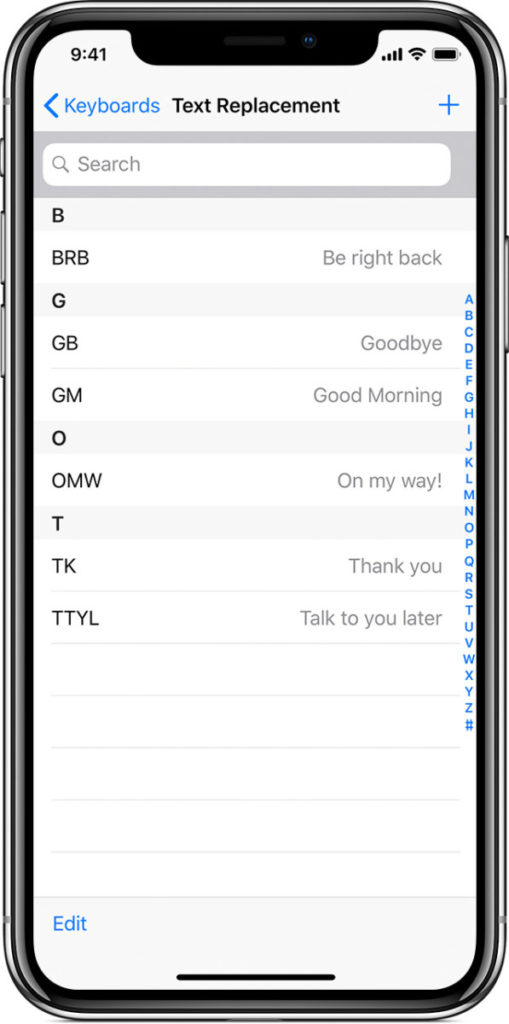 ios12 iphone x settings keyboards text replacement