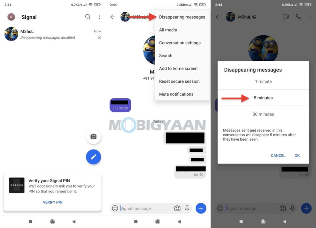 How to enable disappearing messages in Signal app for mobile