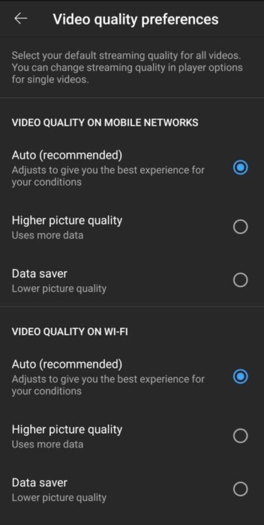 How to set YouTube videos playback to High Quality or Data Saver by default