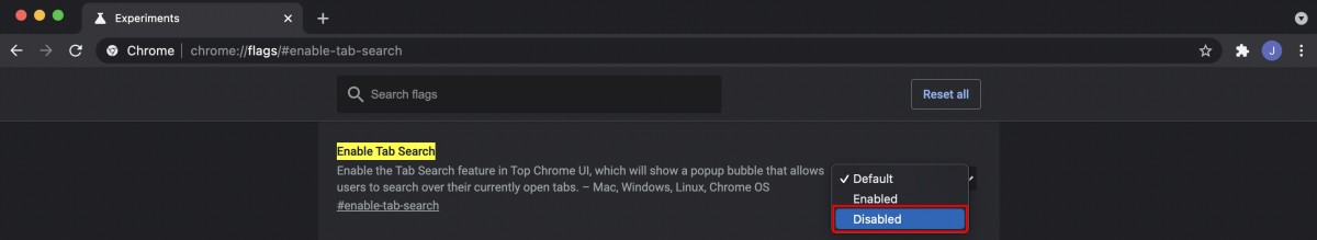 Disable Tab Search in Google Chrome