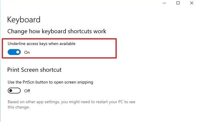 Underline Access Keys in Windows 10