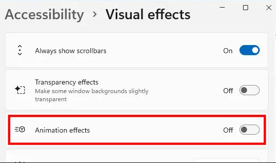 How to disable Animations or Visual Effects in Windows 11