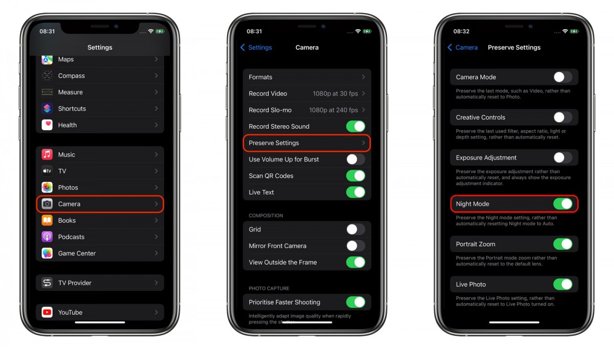 Disable Auto Night Mode in iPhone Camera