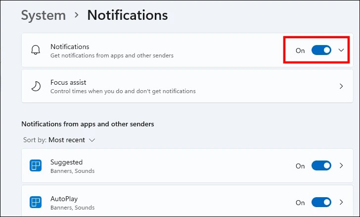 Disable Notifications Windows 11