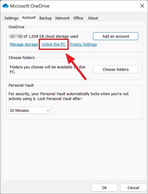 Unlink OneDrive Windows 11