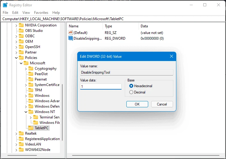 Disable Windows 11 Snipping Tool using Registry Editor