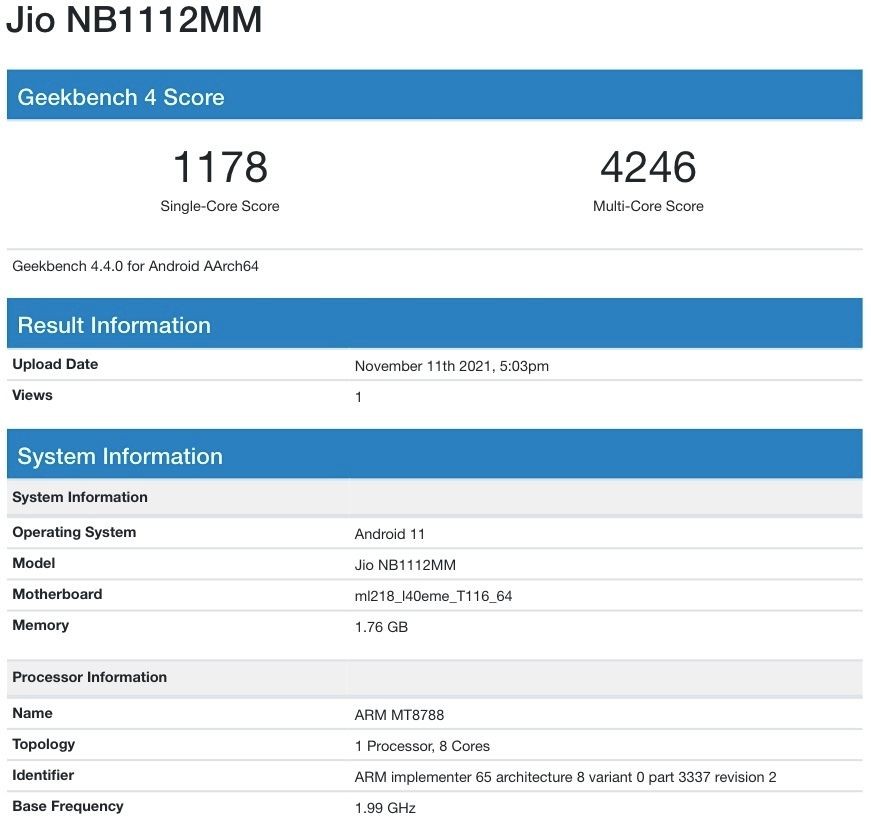 JioBook Geekbench