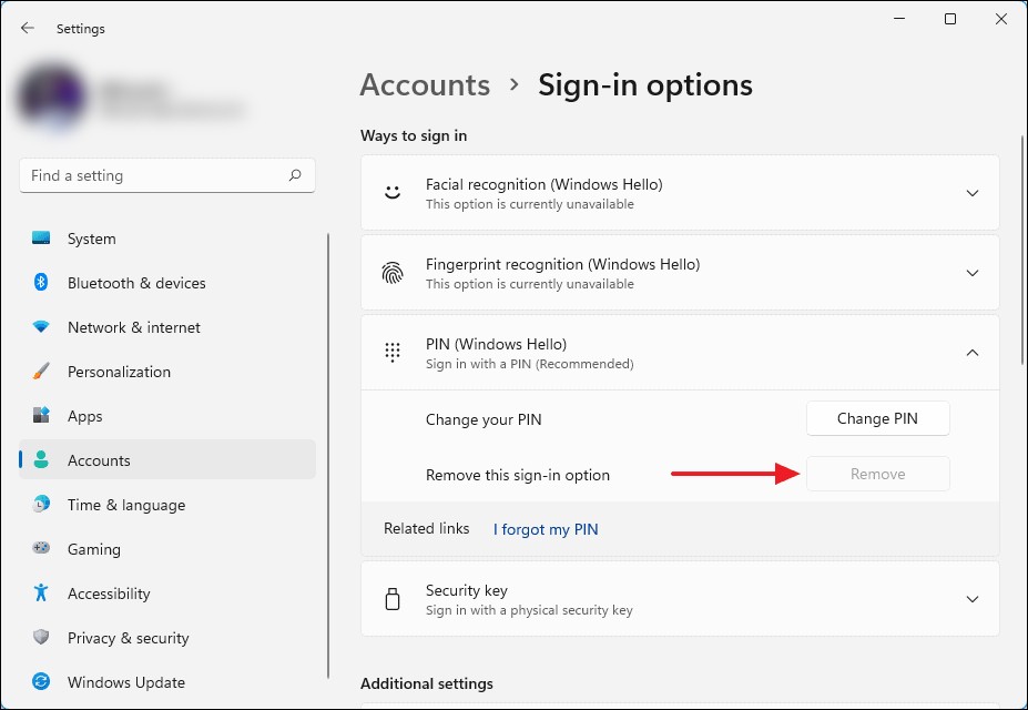 Remove PIN in Windows 11