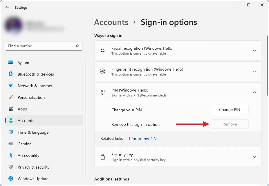 Remove PIN in Windows 11