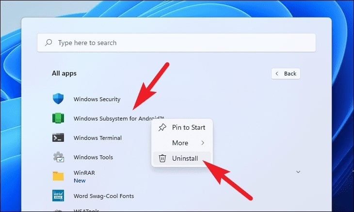 Uninstall Windows Subsystem for Android