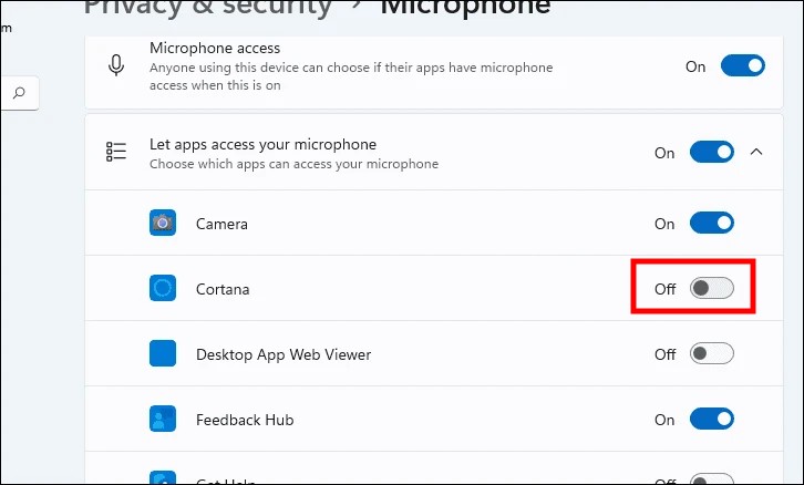 Revoke Cortana Mic Access in Windows 11