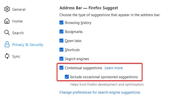 Moziall Firefox Disable Suggestions and Ads