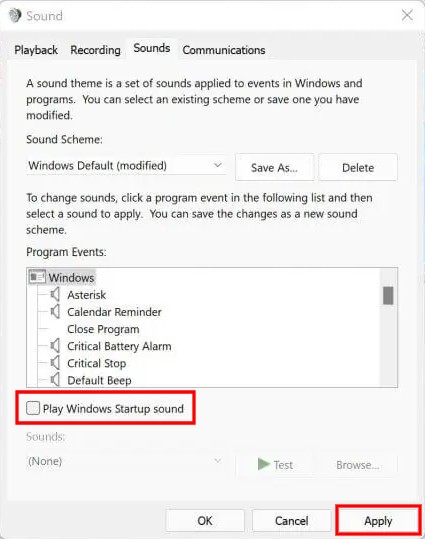 Disable Windows 11 Startup Sound
